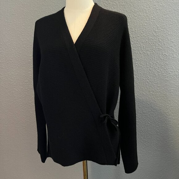 VINCE Cashmere Wool Blend Black Ribbed Wrap Sweater Cardigan - EUC - Size Small - Picture 1 of 13